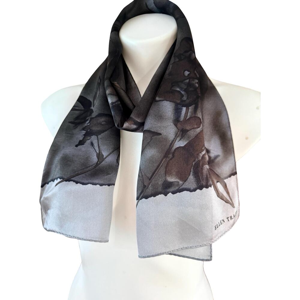 Vintage Ellen Tracy 90s Silk Scarf Gray Black Floral Formal NWOT 11x52 - Picture 6 of 10